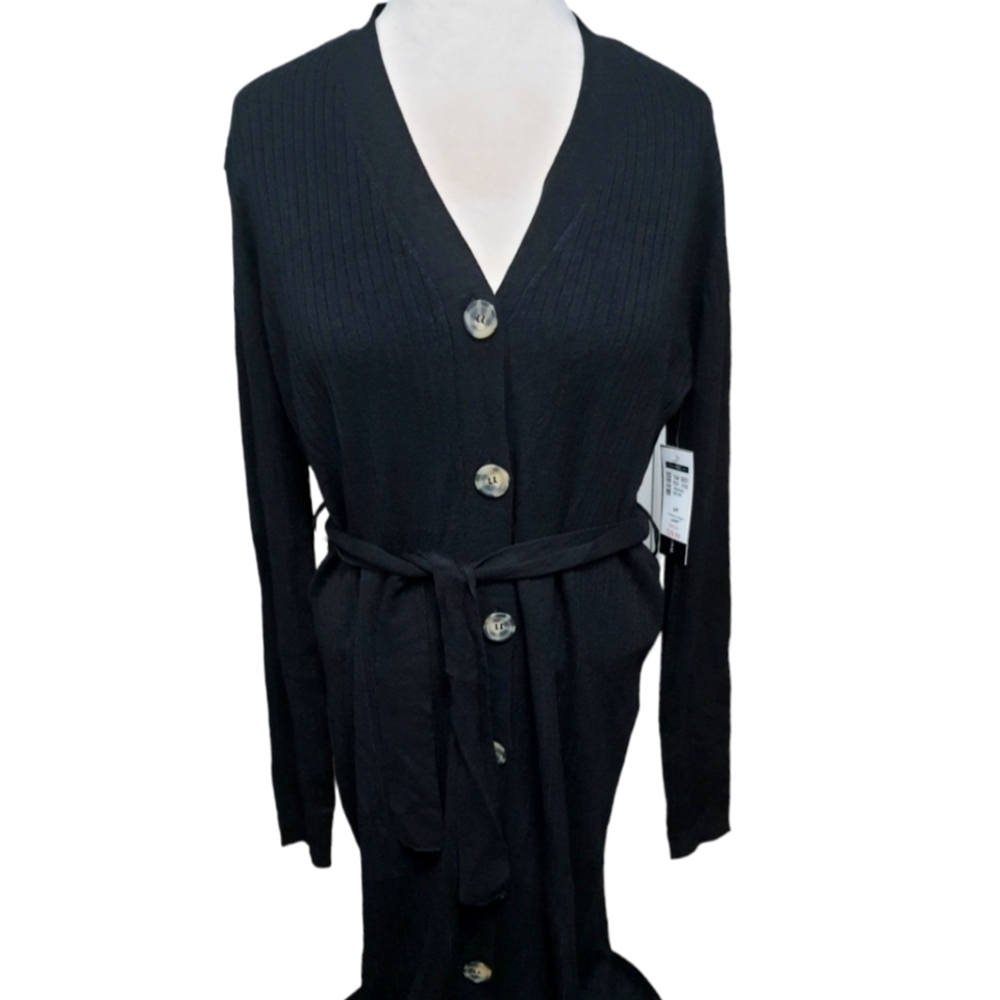Elegant Warm Black Long-Sleeve Button-Down Cardigan - Picture 1 of 3